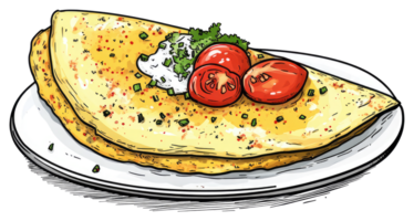 A cooked omelet with tomatoes and toppings on a plate png
