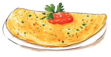 An illustrated omelette topped with tomato sauce and herbs on a plate png
