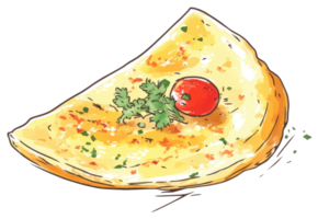 Watercolor image of a savory flatbread with toppings and garnish png
