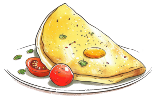 A plated omelet with tomatoes and greenery in a dish png