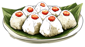 Several rice balls topped with a red ingredient are presented png