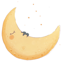 A cartoon crescent moon is peacefully sleeping with stars around png