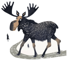 An illustrated moose walking on a paved path with small trees nearby png
