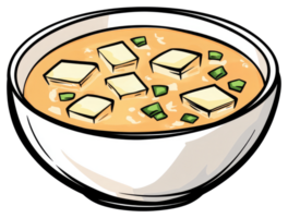 A filled white bowl of savory broth with floating tofu squares png