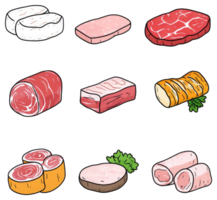 Various illustrations of different raw and prepared cuts of meat png