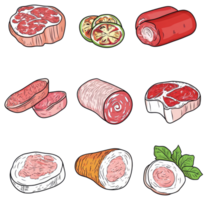Various cuts of raw meats and a citrus fruit displayed artfully png