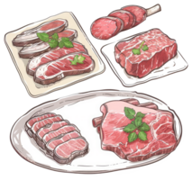 Drawings of various uncooked cuts of red meat on serving platters png