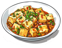 A delicious serving of tofu cubes in a flavorful sauce with garnish png