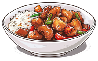 A decorative bowl containing rice and cooked meat and vegetables png