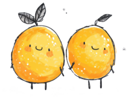 Two cute anthropomorphic citrus fruit characters with leaves are holding hands png
