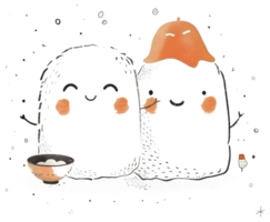 Two anthropomorphic food characters smile holding hands with small accessories png