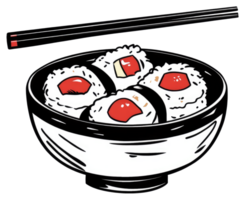 A bowl of sushi with chopsticks displayed above it png