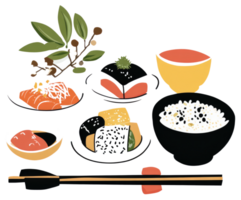 A Colorful Illustrated Display of Japanese Cuisine and Chopsticks png