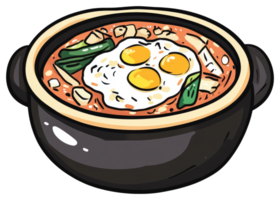 A bowl of delicious stew with eggs and other ingredients png