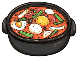 A colorful illustration of a savory soup with assorted ingredients png