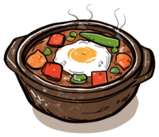 A delicious illustrated clay pot of stew with egg on top png