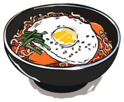 A bowl of noodles topped with a fried egg illustration png