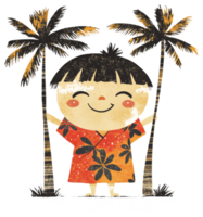 Smiling child standing between two stylized palm trees happily png