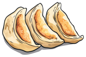 Three Cooked Dumplings Arranged Showing Their Delicious Filling png