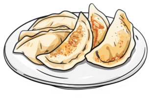 A plate of cooked dumplings in an appetizing cartoon illustration png