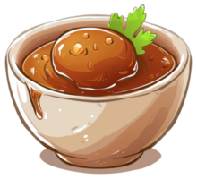 A bowl of savory soup with a large meatball inside it png