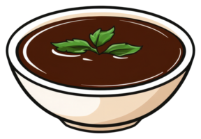A bowl of soup with green herbs floating within the liquid png