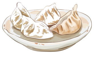 Four appetizing dumplings served on a simple white ceramic plate png