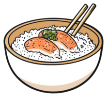 A bowl of rice topped with sushi and chopsticks png
