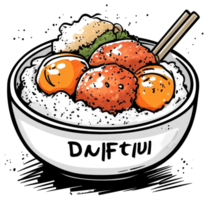 A bowl of rice topped with food and chopsticks png