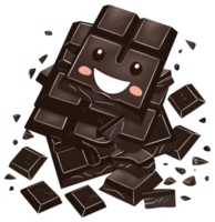 A smiling animated dark chocolate bar with broken pieces around it png