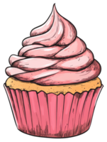 A delicious illustration of a pink frosted cupcake with a liner png