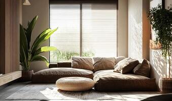 Cozy sunlit corner with plush seating, large leafy plant, and minimalist decor photo