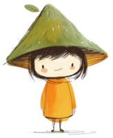 A whimsical illustration of a small child wearing a unique hat png