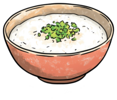 A filled bowl of white rice topped with green herbs png