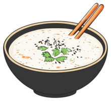 A bowl of soup with chopsticks and garnish is shown png