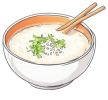 A bowl of creamy porridge with green garnish and chopsticks present png