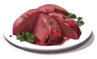 Sliced raw meat arranged on a white plate with garnish png