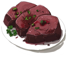 Three pieces of cooked beef displayed artistically on a white plate png
