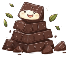 Cute smiling chocolate bar cartoon character with stacked sections and leaves png