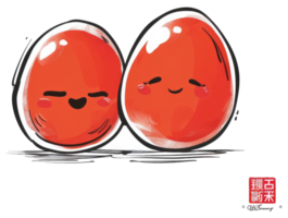 Two animated red egg shaped characters showing friendly expressions together png