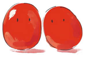 Two abstract stylized red fruit with simple faces stand together png