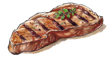 A grilled steak adorned with herbs and pepper depicted in art png