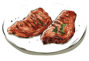 Two cooked steaks are presented artistically on a white plate png