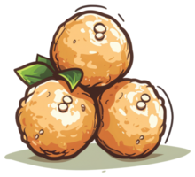 Three golden fried spheres with green leaves on a soft surface png