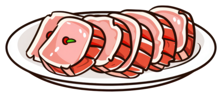 Sliced meat arranged neatly on a white plate for serving png