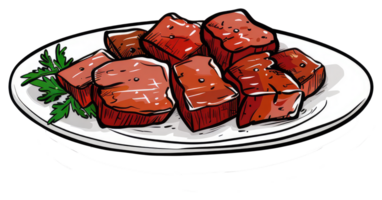 Cooked meat cubes served on a white plate with green garnish png