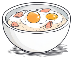 A white bowl contains rice topped with eggs and meat png