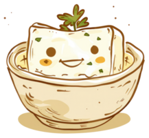 A happy cartoon tofu block resting in a decorative bowl png