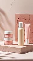Cosmetic products displayed on stone blocks with a cracked wall backdrop photo