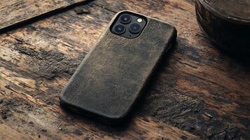 Sleek smartphone with a rugged leather case resting on rustic wood, perfect blend of technology and style photo
